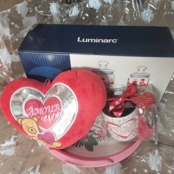 PACK ST VALENTIN  : COEUR "AMOUR" + TASSE + MENOTTE + USTENSILS EN VERRES 3RL97