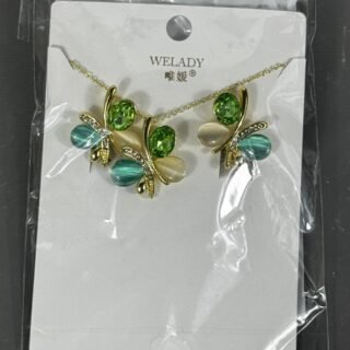 Ensemble Collier & Boucles – Papillons Émeraude & Perles (Welady)