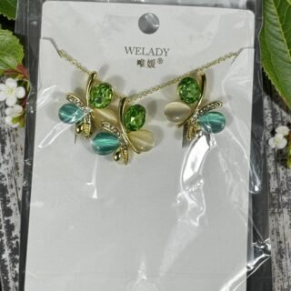 Ensemble Collier & Boucles – Papillons Émeraude & Perles (Welady)