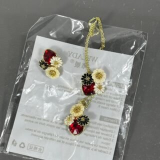 Ensemble Collier & Boucles – Fleurs & Cristal Rouge Passion (Welady)