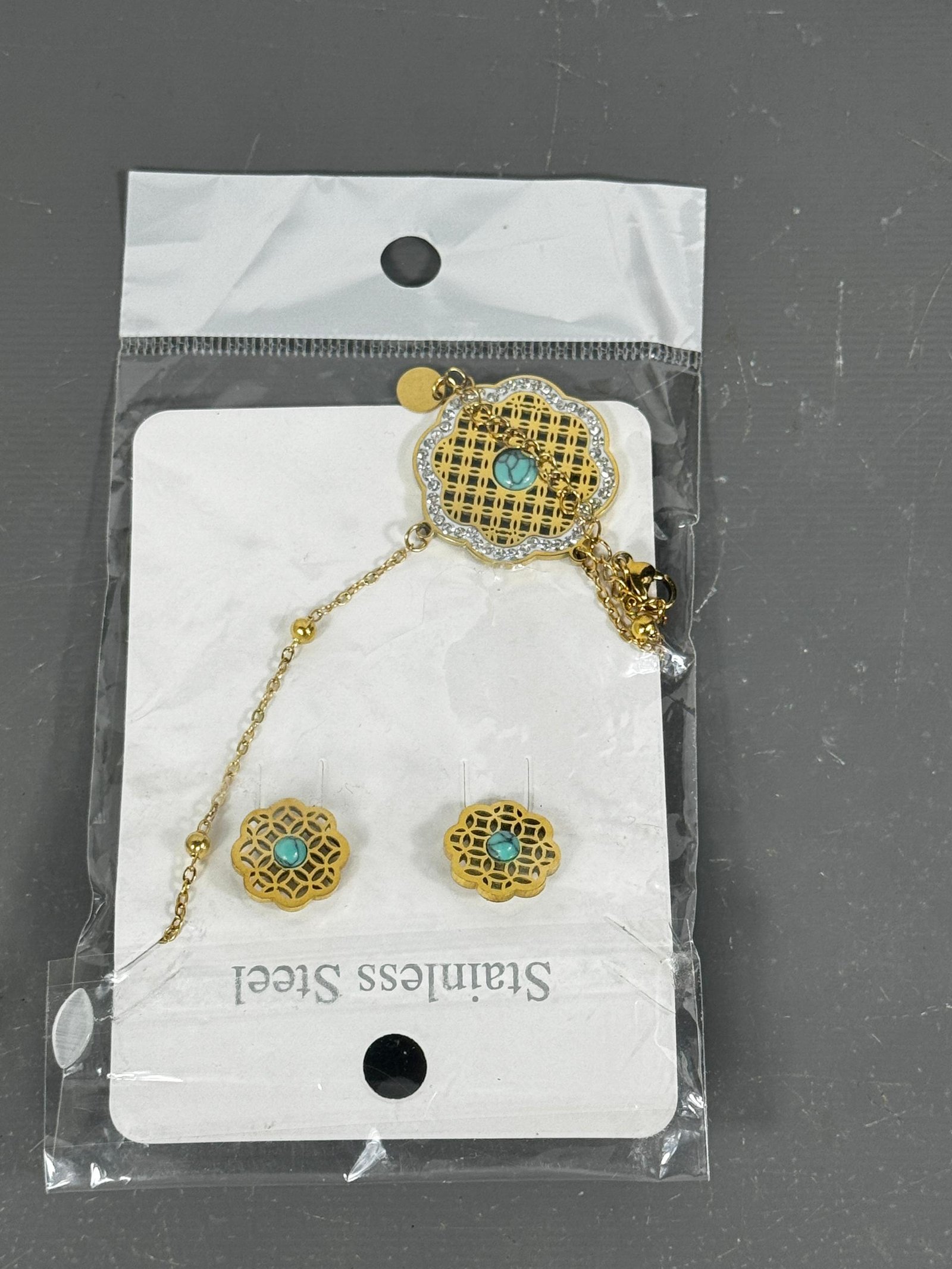 Ensemble “Fleur Dorée & Turquoise” – Acier inoxydable