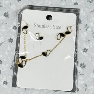 Ensemble Collier & Boucles – Duo Cœur Noir & Nacré (Acier inoxydable)