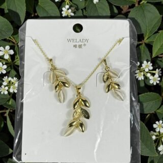 Ensemble Collier & Boucles – Feuilles Dorées & Perles Nacrées (Welady)
